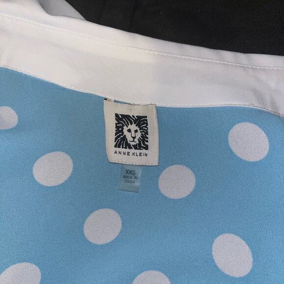 VINTAGE ANNE KLIEN POLKA DOT BLOUSE WITH SLIT CUFF SIREN BLUE/NYC WHITE SIZE XS - Picture 9 of 13